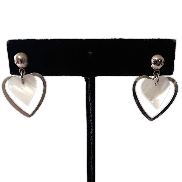 Dainty Mother of Pearl Heart Earrings Silver Tone Romantic Drop Dangle Pearlcore - Picture 8 of 14